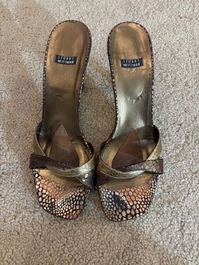 Stuart Weitzman Metallic Gold and Brown Snake-Print Slide Mules